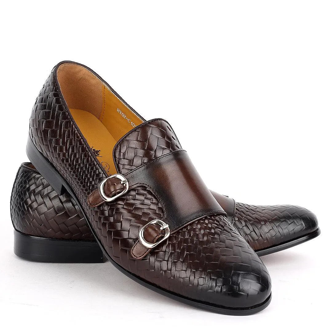 Weston Double Strap Designed Leather  Woven Shoe- Coffee