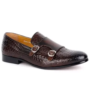 Weston Double Strap Designed Leather  Woven Shoe- Coffee