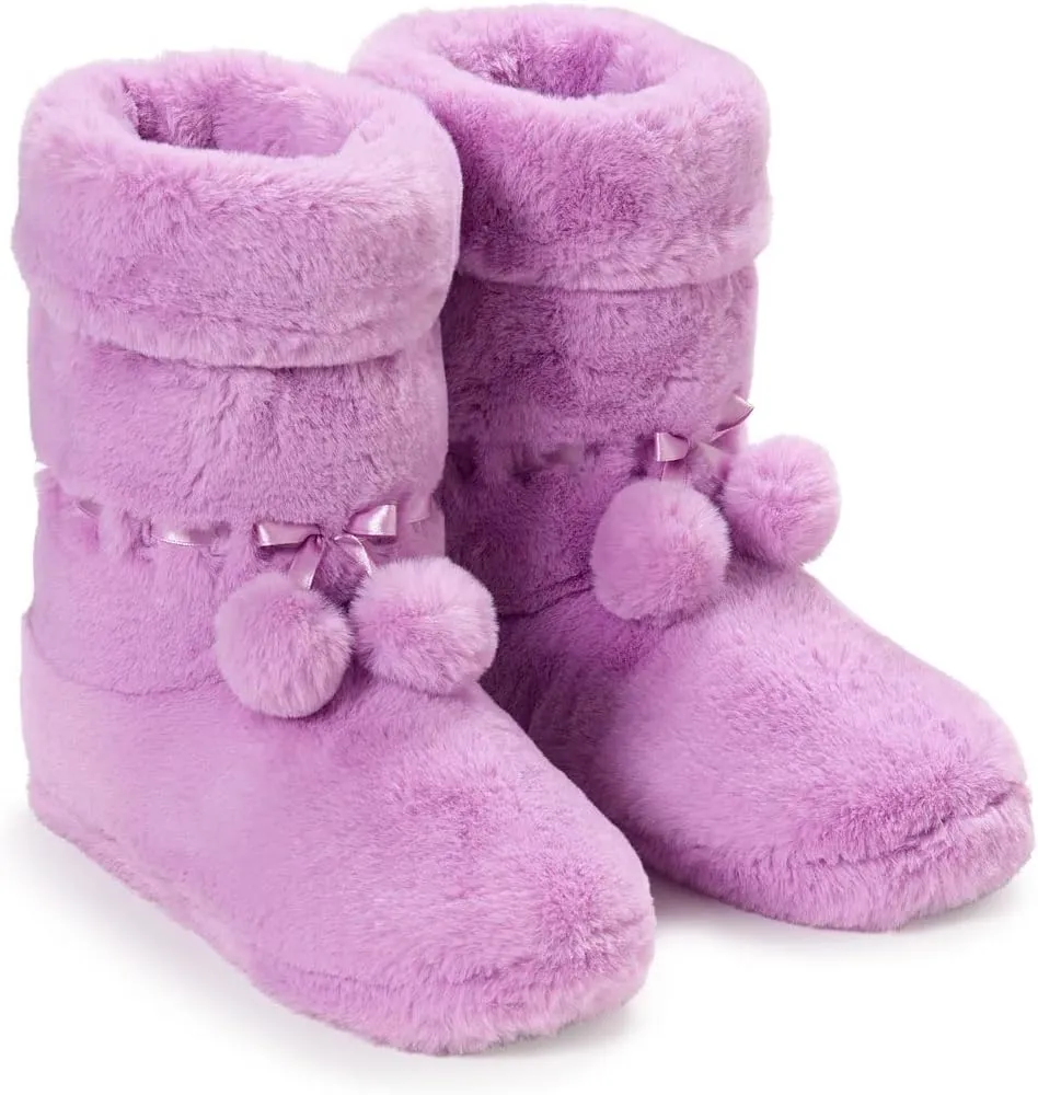 Winter Lavender Pink Fuzzy Pom Pom Bootie Slippers